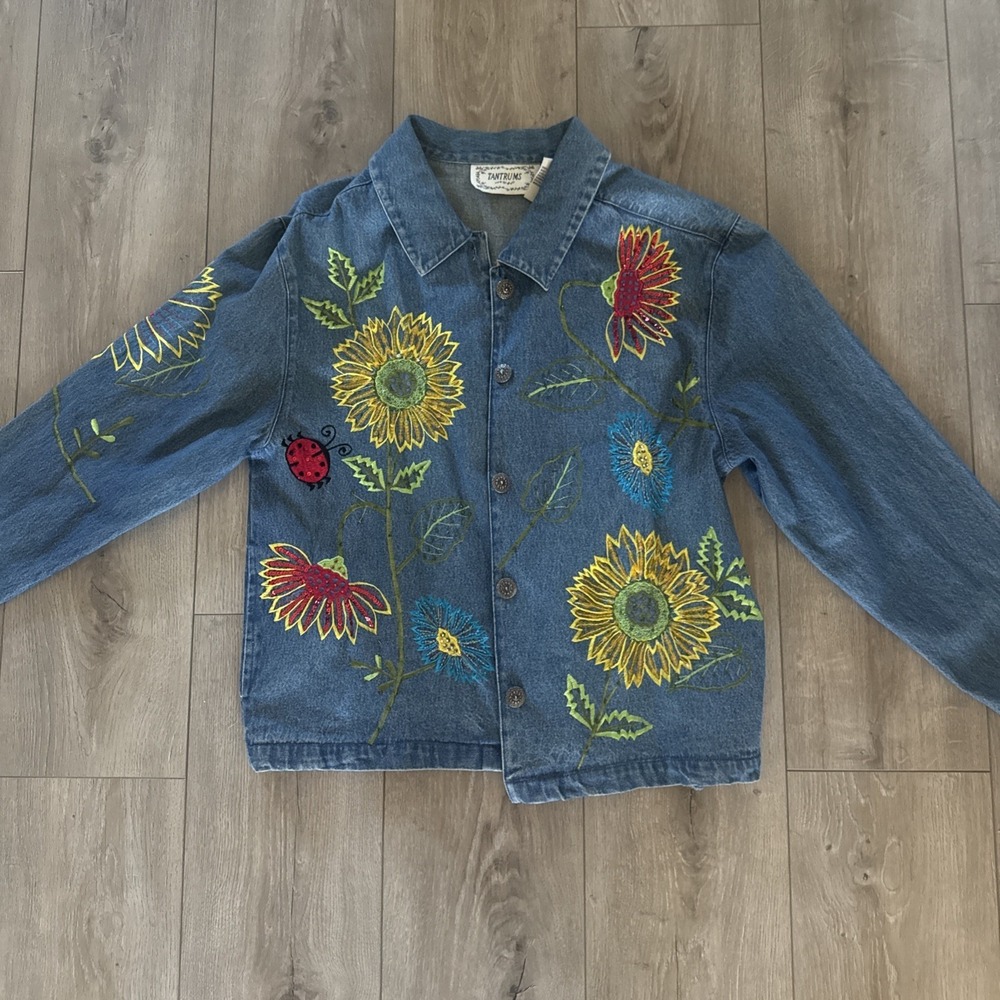 Vintage‎ Tantrums Embroidered Floral Denim Jacket Sz S Ladybug 90s Hippie Boho